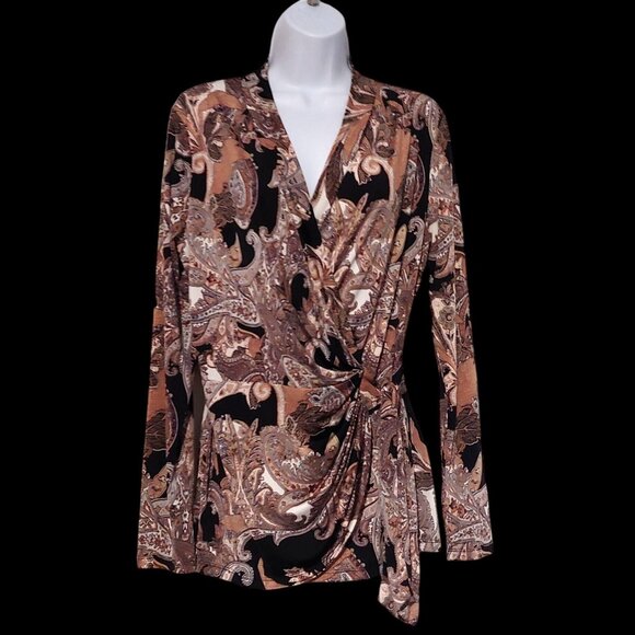 Cache Long Sleeve Paisley Faux Wrap Browns/Black Neutral Blouse Large - Picture 1 of 8